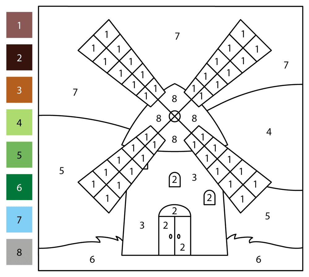 Windmill Color By Number Coloring Page Md Coloring Page — Free Printable — free printable coloring page